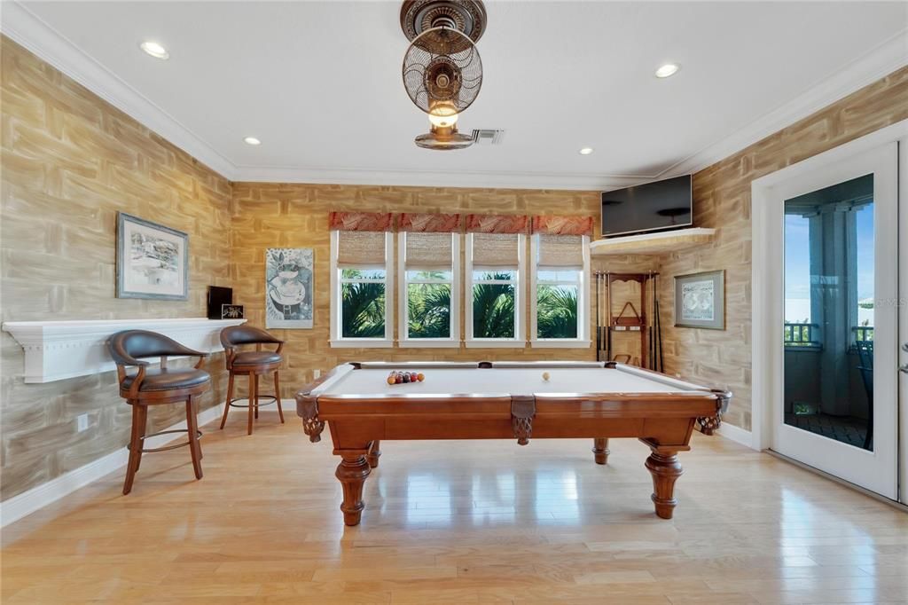 Billiard Table, Game Room, Interior, Recessed Lighting, Wood Texture Flooring, Wooden Walls