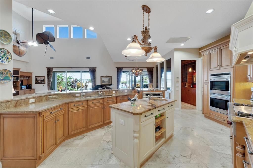 Chandelier, Interior, Kitchen, Marble, Pendant Lights, Recessed Lighting, Stainless Steel Appliances