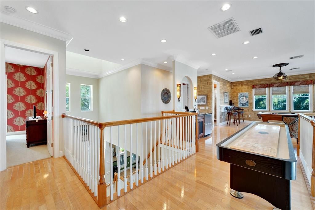Game Room, Interior, Recessed Lighting, Stone Walls, Wood Texture Flooring, Wooden Walls