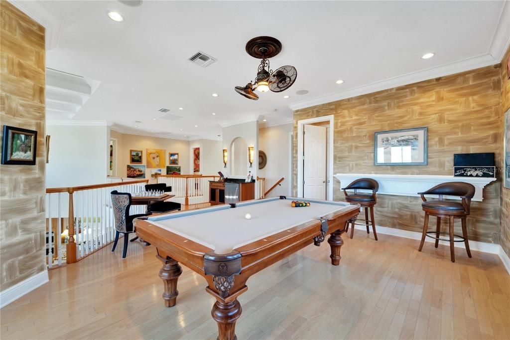 Billiard Table, Game Room, Interior, Recessed Lighting, Wood Texture Flooring, Wooden Walls