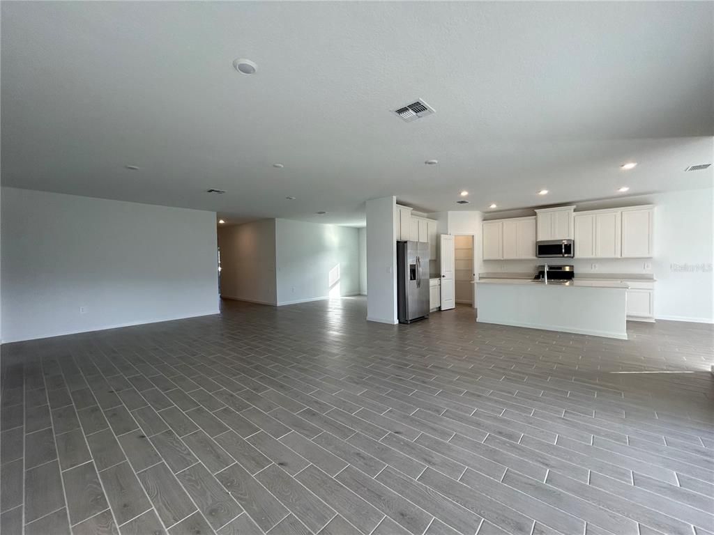 Empty room, Interior, Kitchen, Recessed Lighting, Wood Texture Flooring