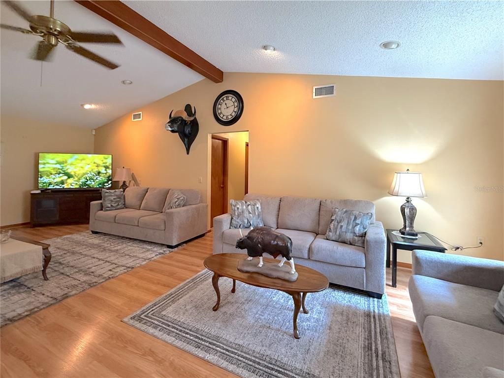 Interior, Living room, Recessed Lighting, Wooden Beams, Wood Texture Flooring