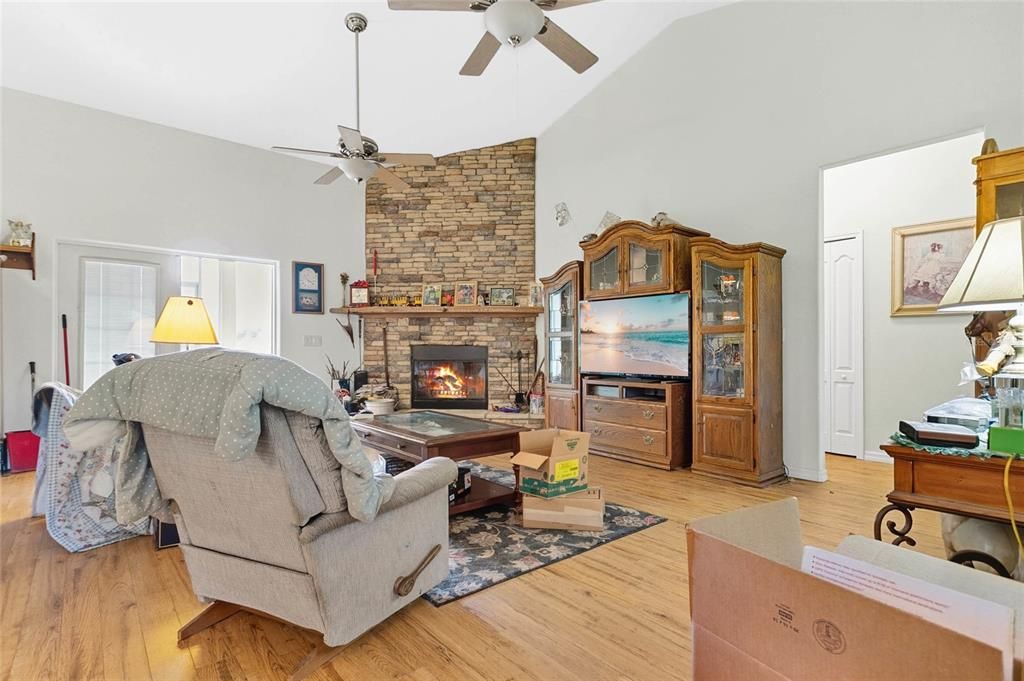 Fireplace, Interior, Living room, Stone Walls, Wood Texture Flooring