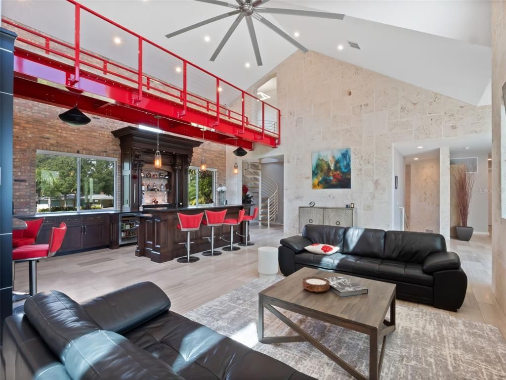 Interior, Living room, Pendant Lights, Recessed Lighting, Stone Walls