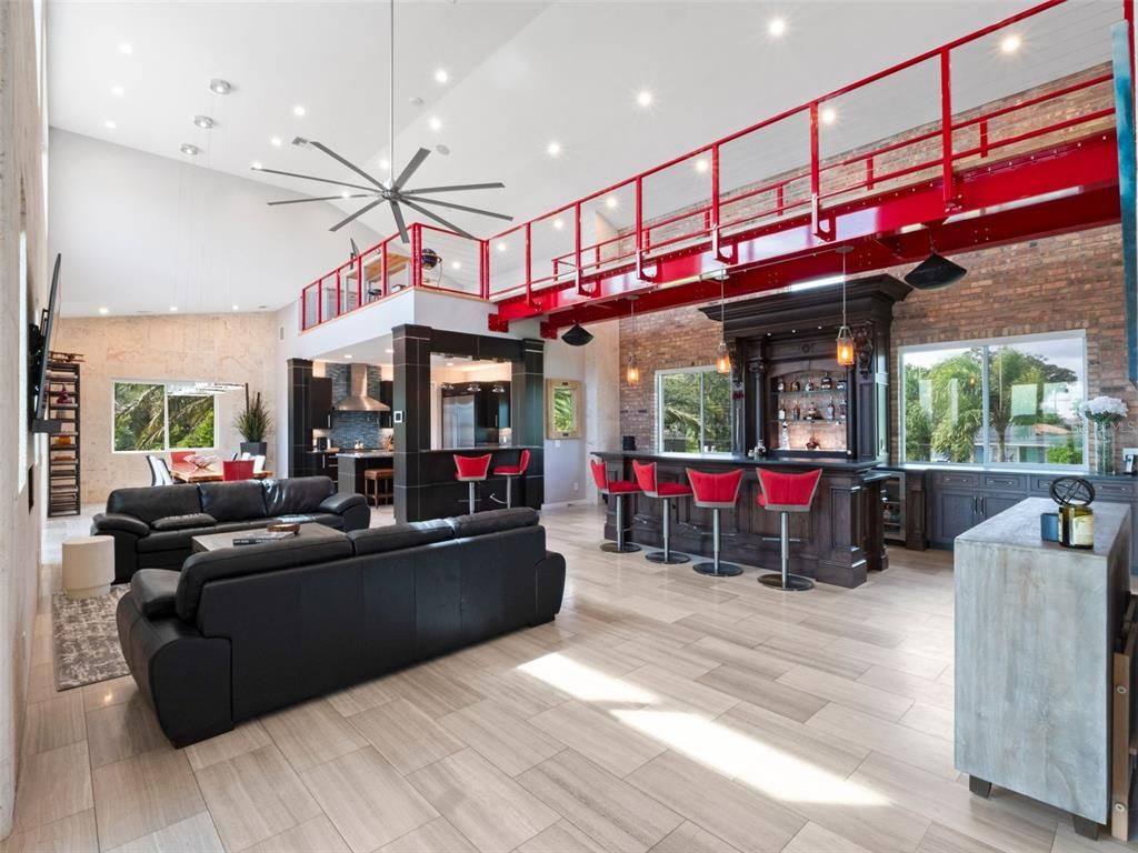 Dining room, Interior, Living room, Pendant Lights, Recessed Lighting, Stone Walls, Wood Texture Flooring