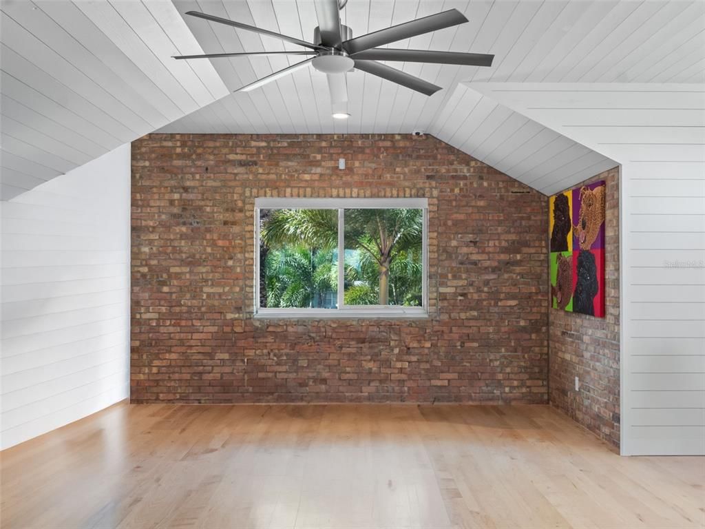 Empty room, Interior, Recessed Lighting, Stone Walls, Wood Texture Flooring
