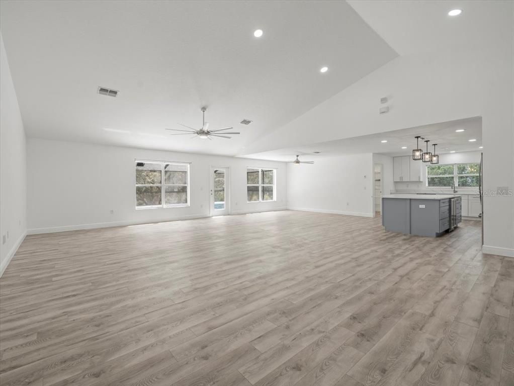 Empty room, Interior, Kitchen, Pendant Lights, Recessed Lighting, Wood Texture Flooring