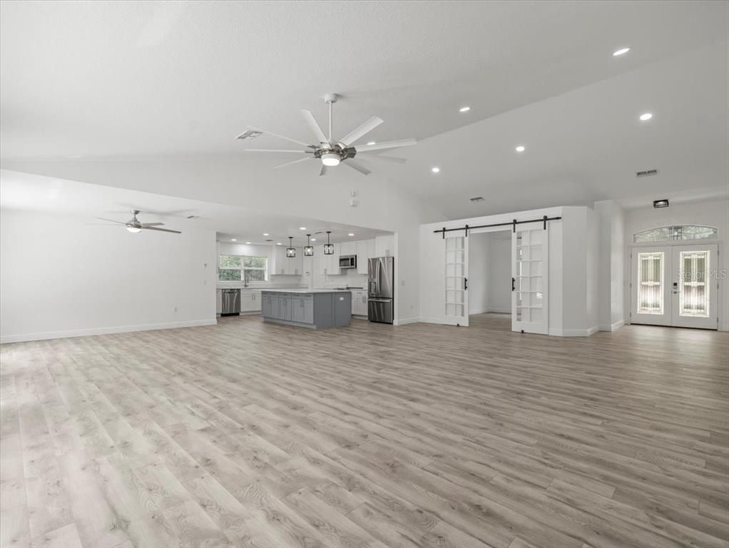 Empty room, Interior, Kitchen, Recessed Lighting, Wood Texture Flooring