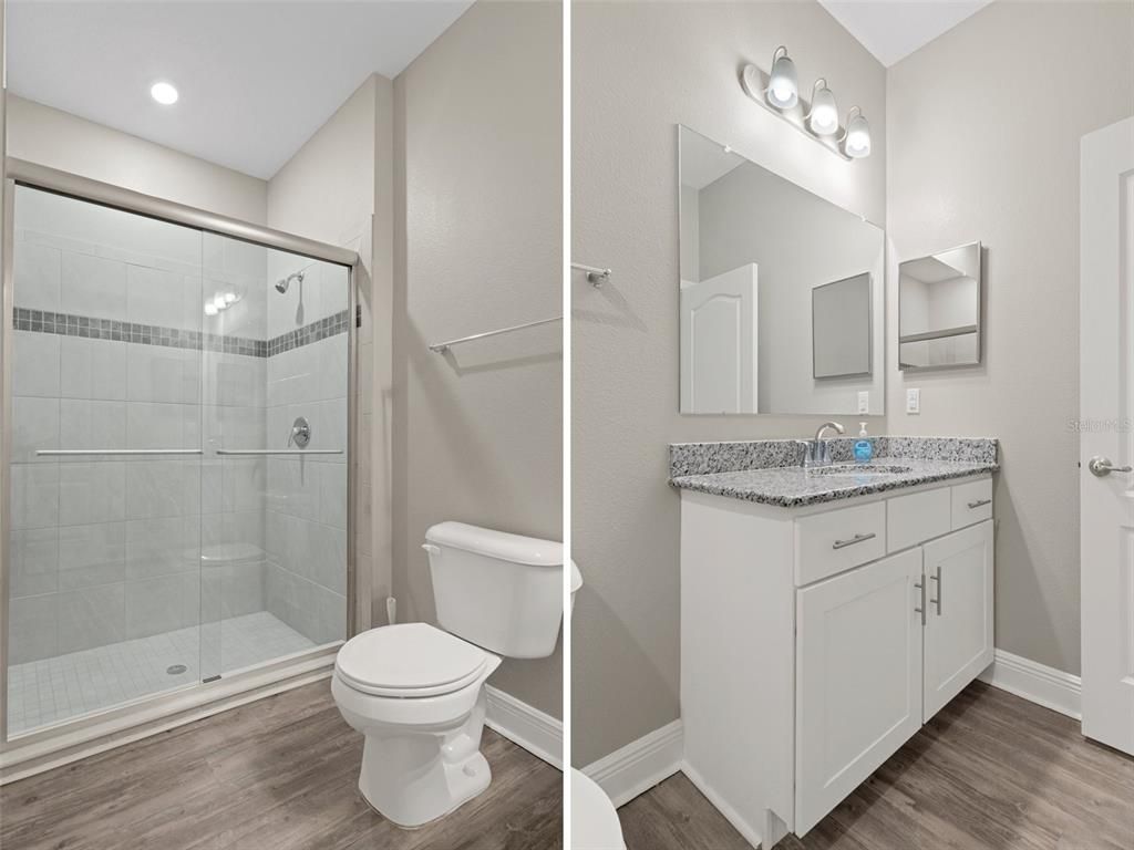 Bathroom, Glass Shower, Interior, Recessed Lighting, Wood Texture Flooring