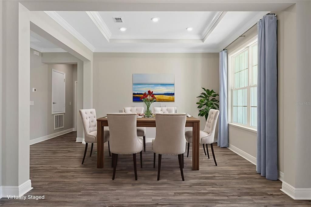 Dining room, Interior, Recessed Lighting, Wood Texture Flooring