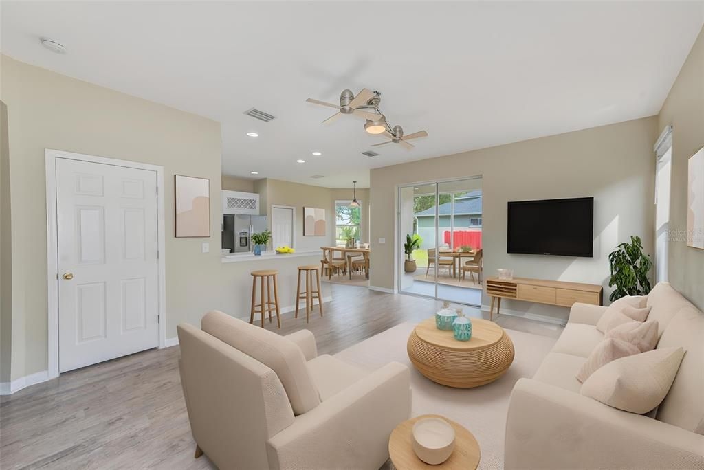 Dining room, Interior, Kitchen, Living room, Recessed Lighting, Wood Texture Flooring