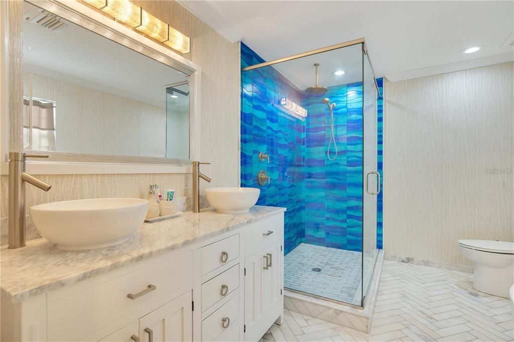 Bathroom, Dual Sink Vanities, Glass Shower, Interior, Recessed Lighting