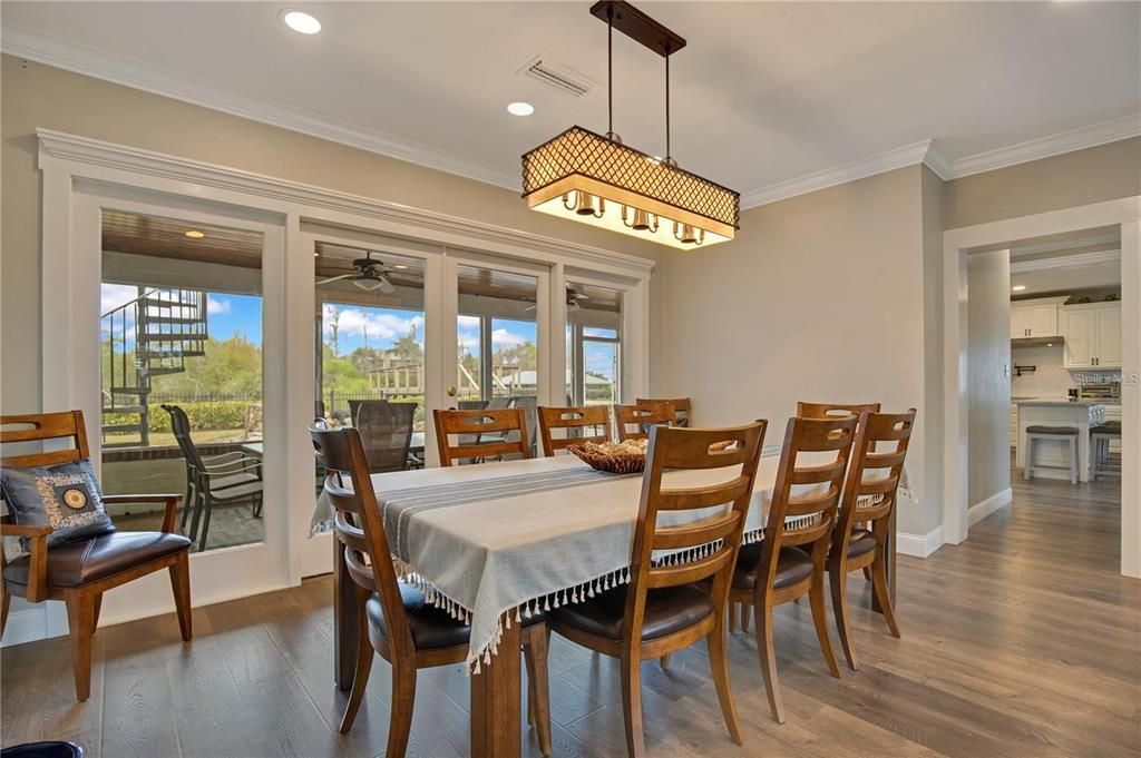 Dining room, Interior, Pendant Lights, Recessed Lighting, Wood Texture Flooring