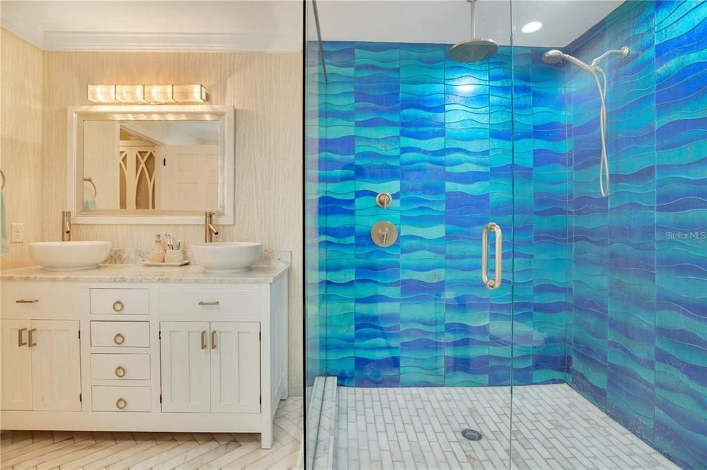 Bathroom, Dual Sink Vanities, Glass Shower, Interior, Recessed Lighting