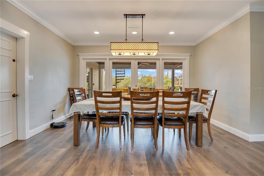 Dining room, Interior, Pendant Lights, Recessed Lighting, Wood Texture Flooring