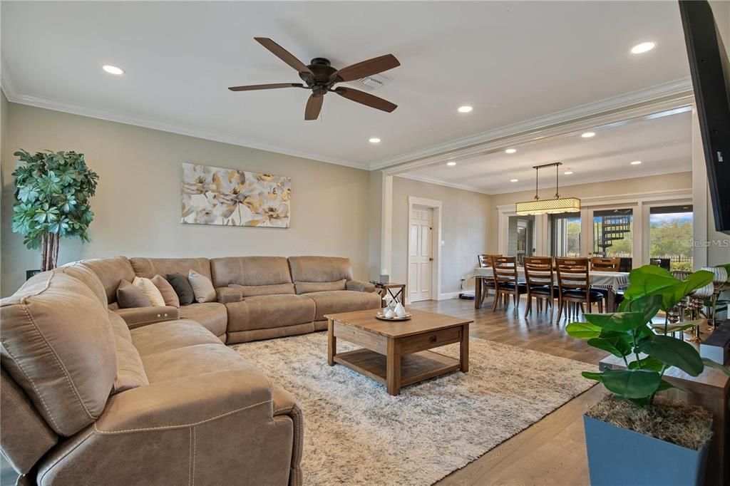 Dining room, Interior, Living room, Pendant Lights, Recessed Lighting, Wood Texture Flooring