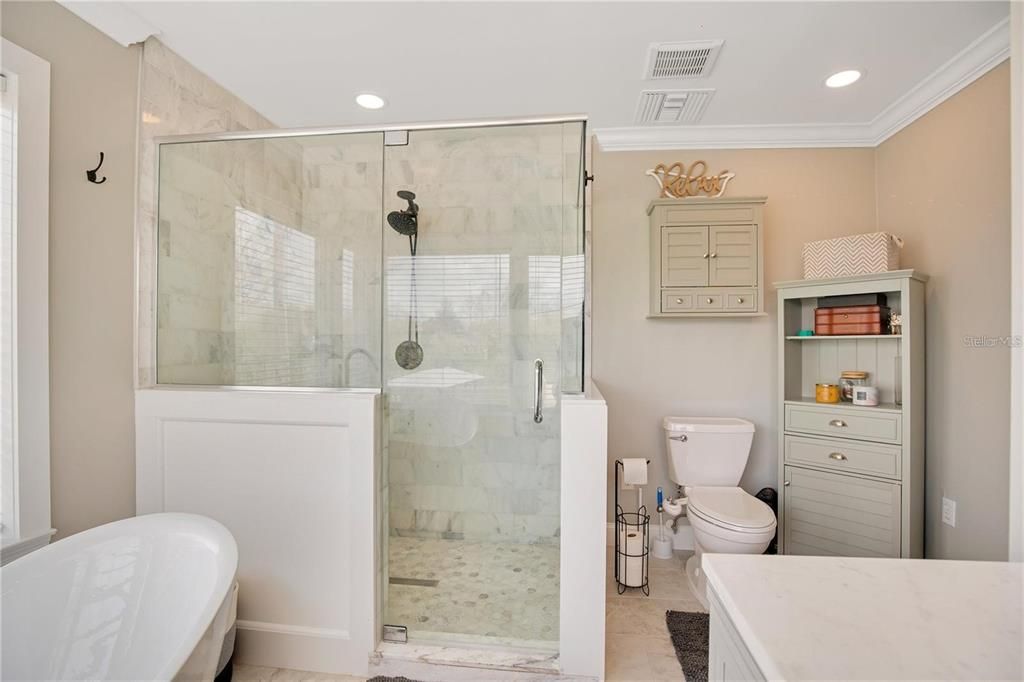 Bathroom, Free Standing Baths, Glass Shower, Interior, Marble Walls, Recessed Lighting