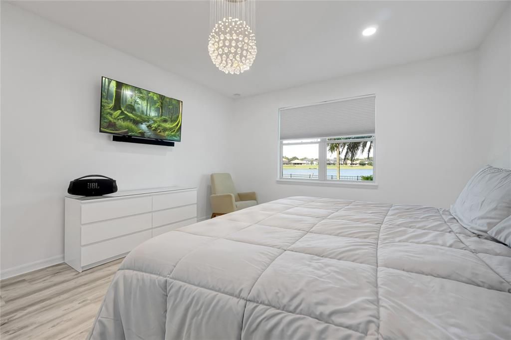 Bedroom, Interior, Pendant Lights, Recessed Lighting, Wood Texture Flooring