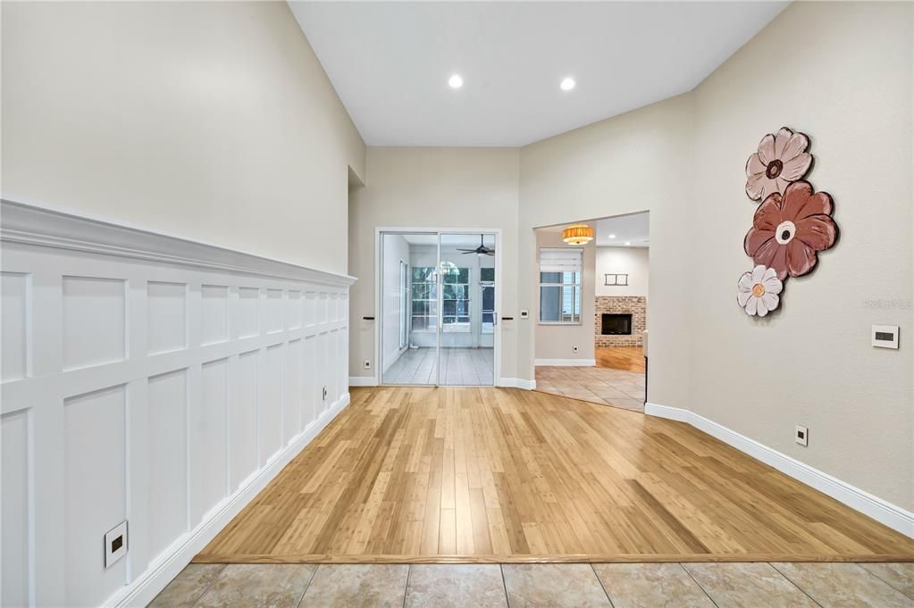 Empty room, Fireplace, Interior, Recessed Lighting, Wood Texture Flooring