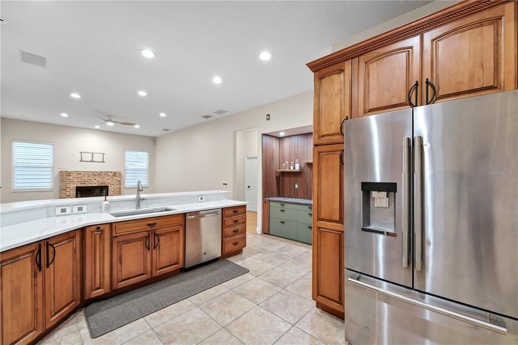 Fireplace, Interior, Kitchen, Recessed Lighting, Stainless Steel Appliances
