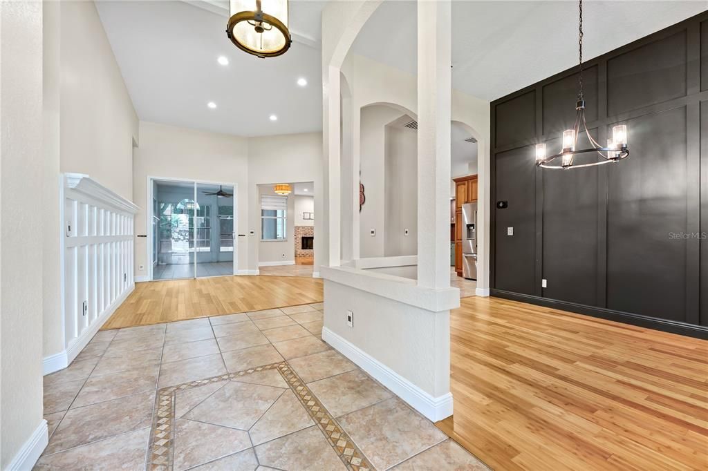 Fireplace, Interior, Pendant Lights, Recessed Lighting, Wood Texture Flooring