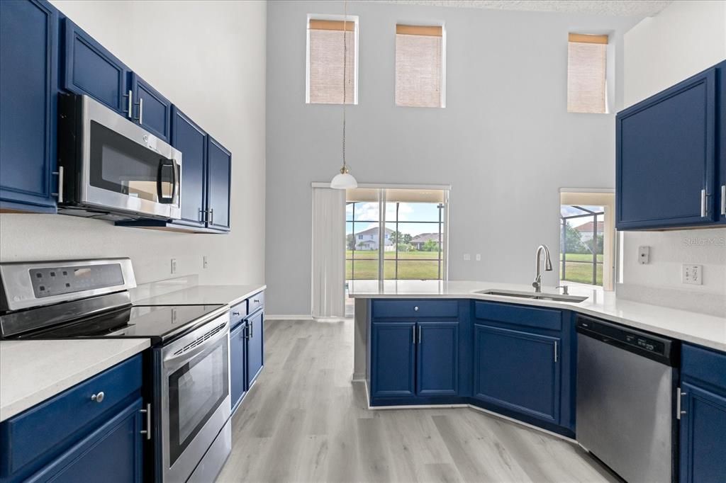 Interior, Kitchen, Pendant Lights, Wood Texture Flooring