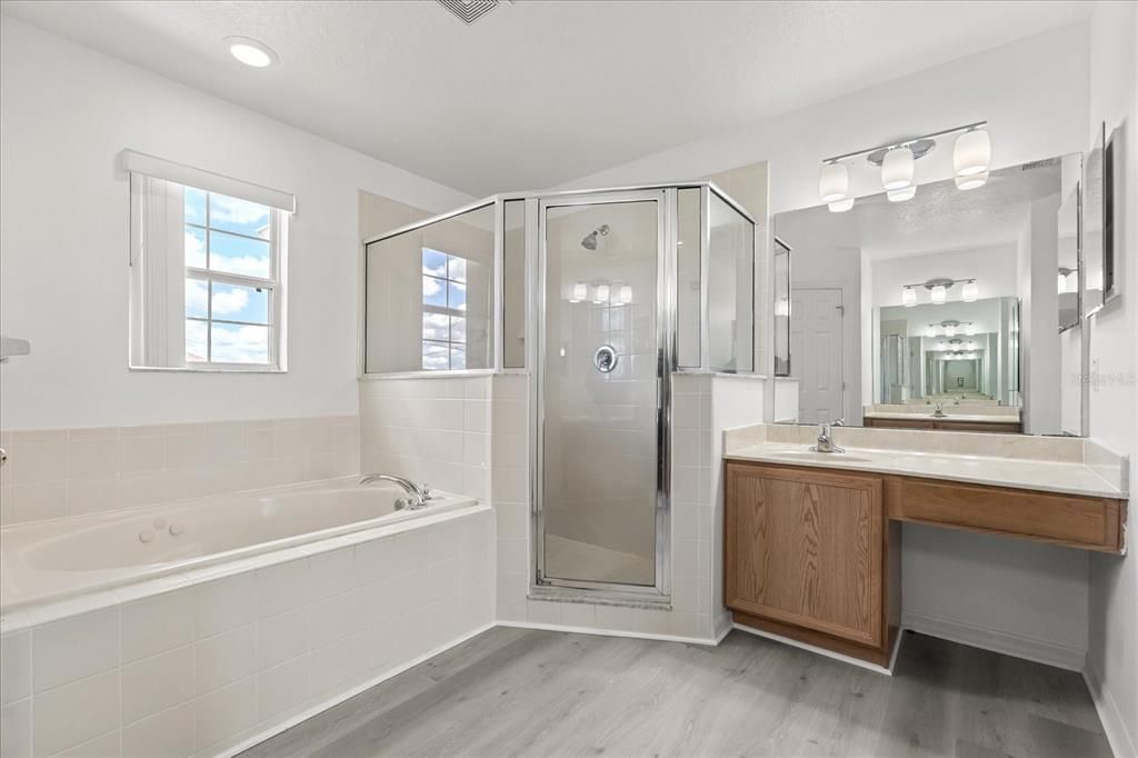 Bathroom, Glass Shower, Interior, Recessed Lighting, Wood Texture Flooring