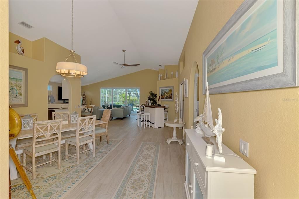Dining room, Interior, Living room, Pendant Lights, Wood Texture Flooring