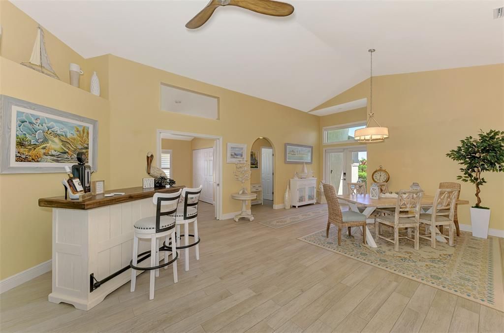 Dining room, Interior, Pendant Lights, Wood Texture Flooring