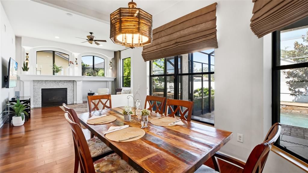 Chandelier, Dining room, Fireplace, Interior, Recessed Lighting, Wood Texture Flooring