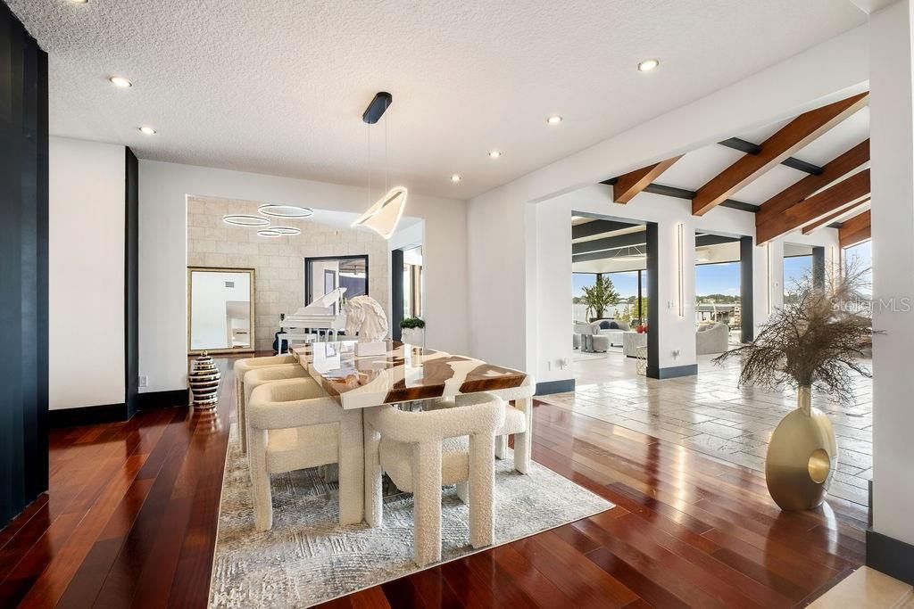 Dining room, Interior, Pendant Lights, Recessed Lighting, Wood Texture Flooring