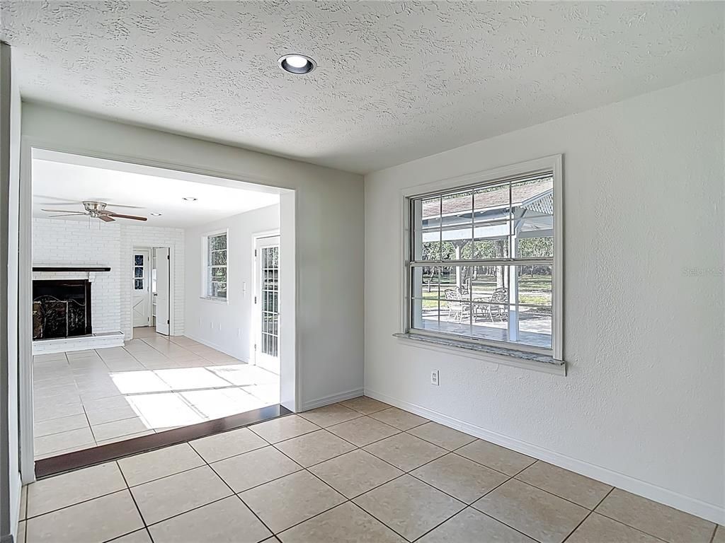 Empty room, Fireplace, Interior, Recessed Lighting, Stone Walls