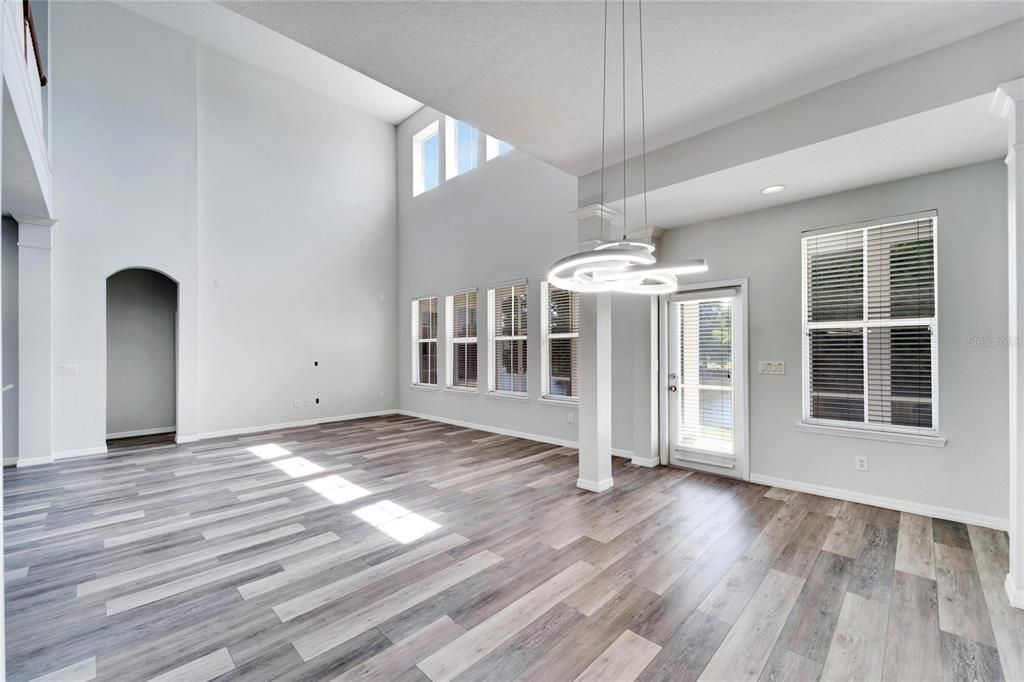 Empty room, Interior, Pendant Lights, Recessed Lighting, Wood Texture Flooring