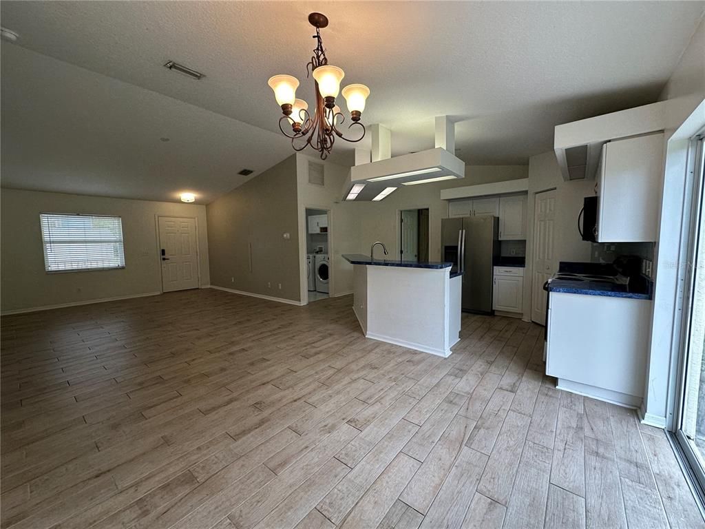 Chandelier, Empty room, Interior, Kitchen, Wood Texture Flooring