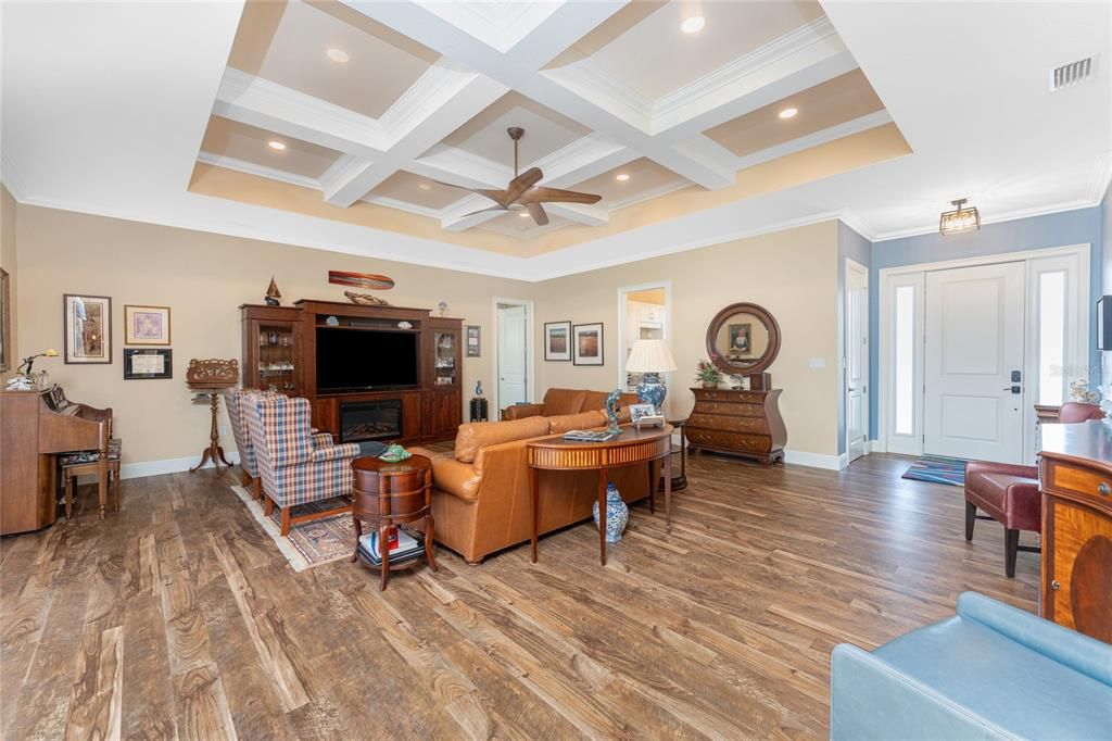 Interior, Living room, Piano, Recessed Lighting, Wood Texture Flooring