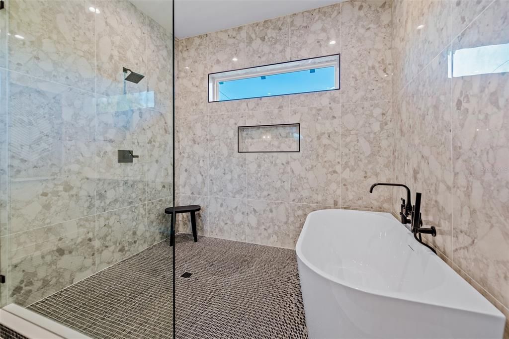 Bathroom, Free Standing Baths, Glass Shower, Interior, Marble Walls