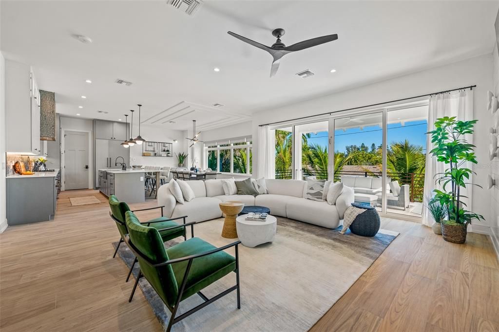 Interior, Kitchen, Living room, Pendant Lights, Recessed Lighting, Wood Texture Flooring