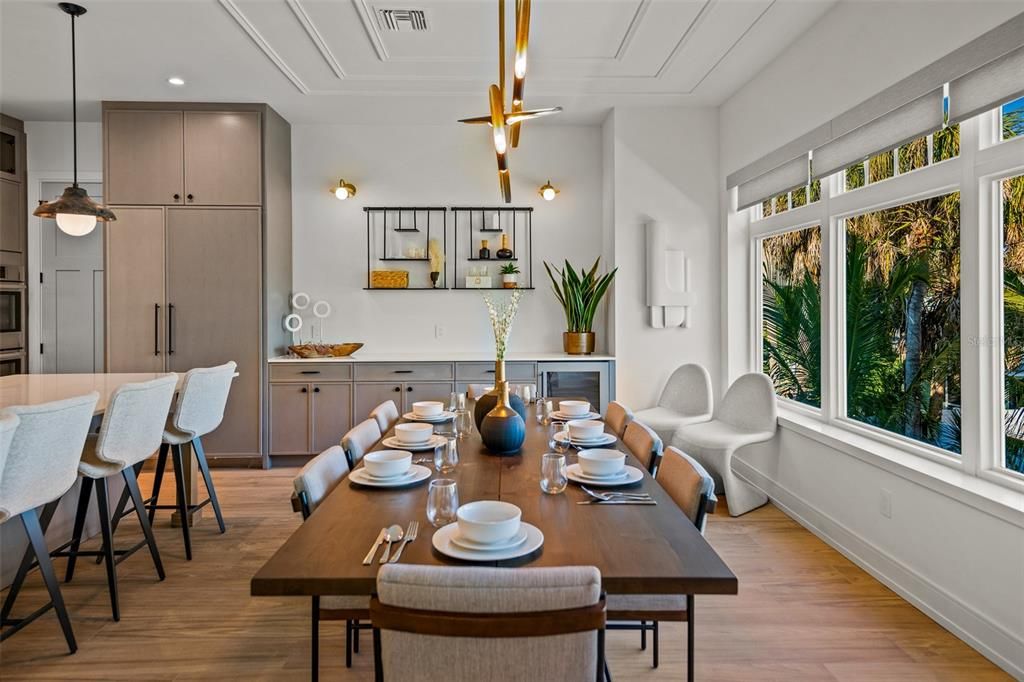 Dining room, Interior, Pendant Lights, Recessed Lighting, Wood Texture Flooring