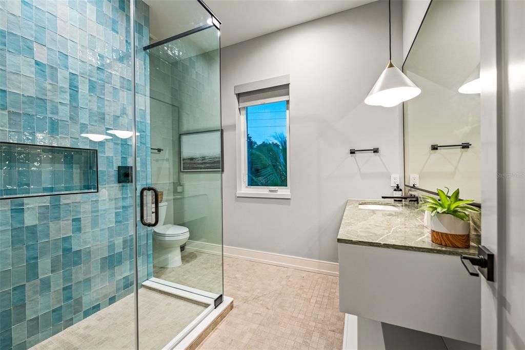 Bathroom, Glass Shower, Interior, Pendant Lights