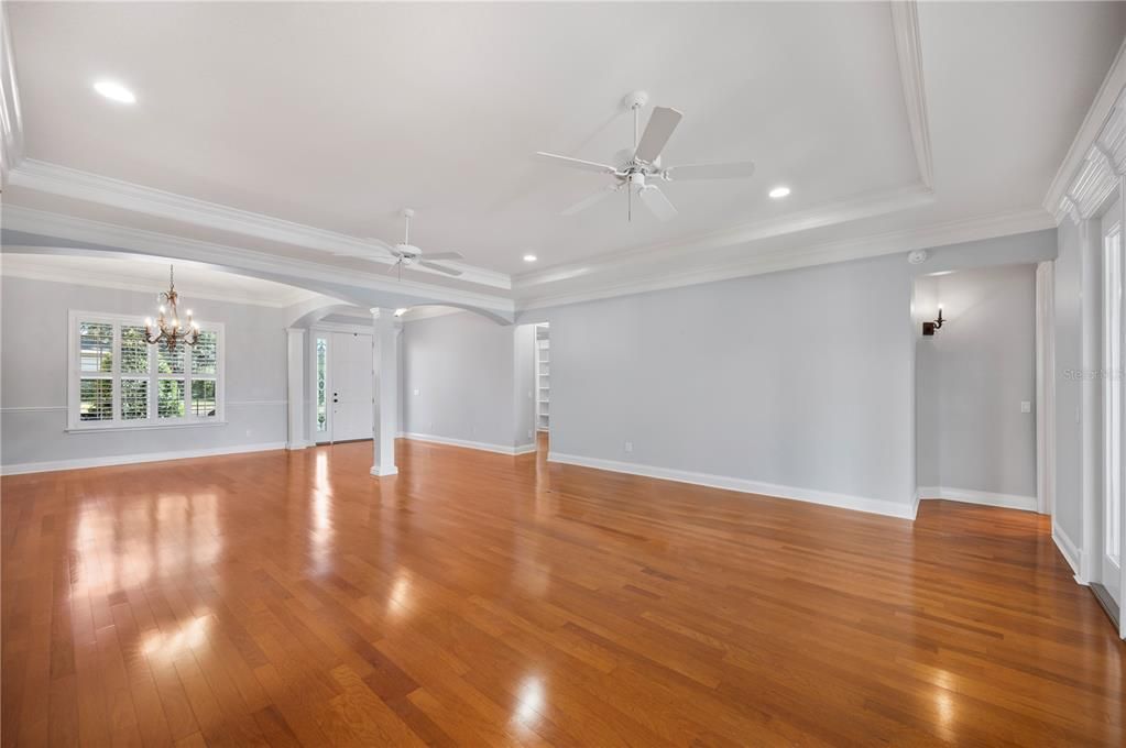 Chandelier, Empty room, Interior, Recessed Lighting, Wood Texture Flooring
