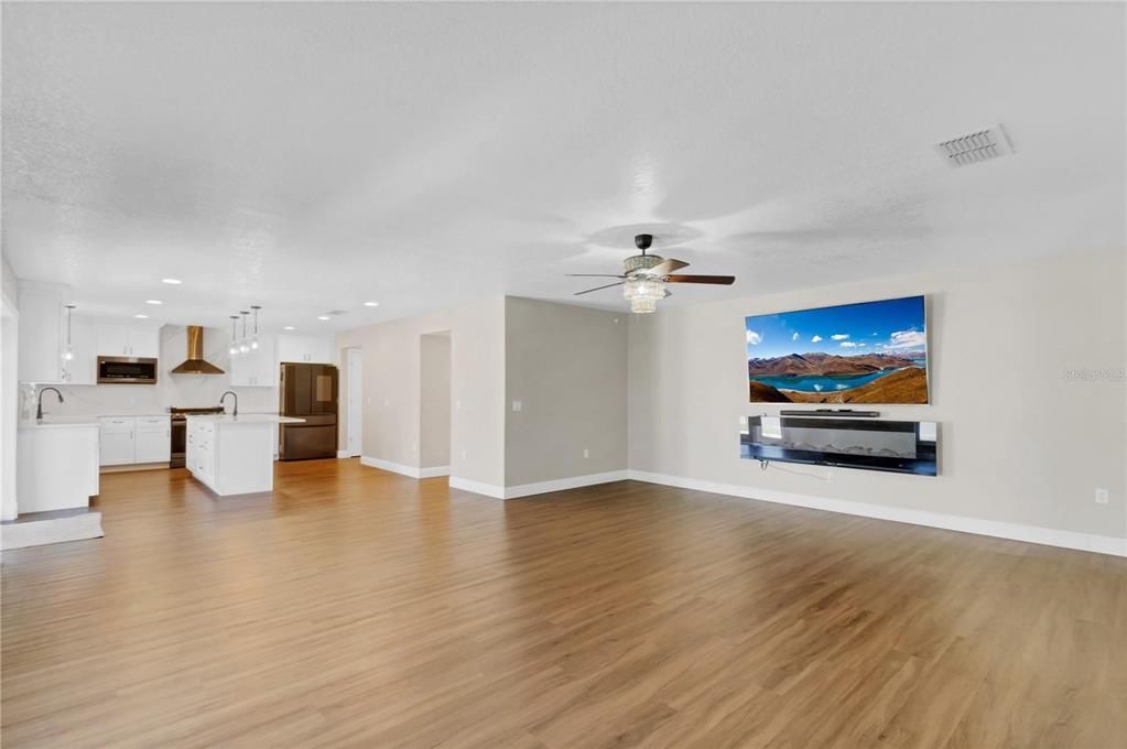 Empty room, Interior, Kitchen, Pendant Lights, Recessed Lighting, Wood Texture Flooring