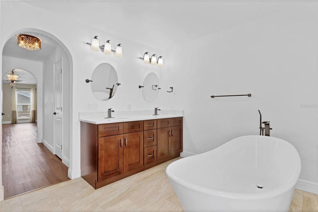 Bathroom, Dual Sink Vanities, Free Standing Baths, Interior, Wood Texture Flooring