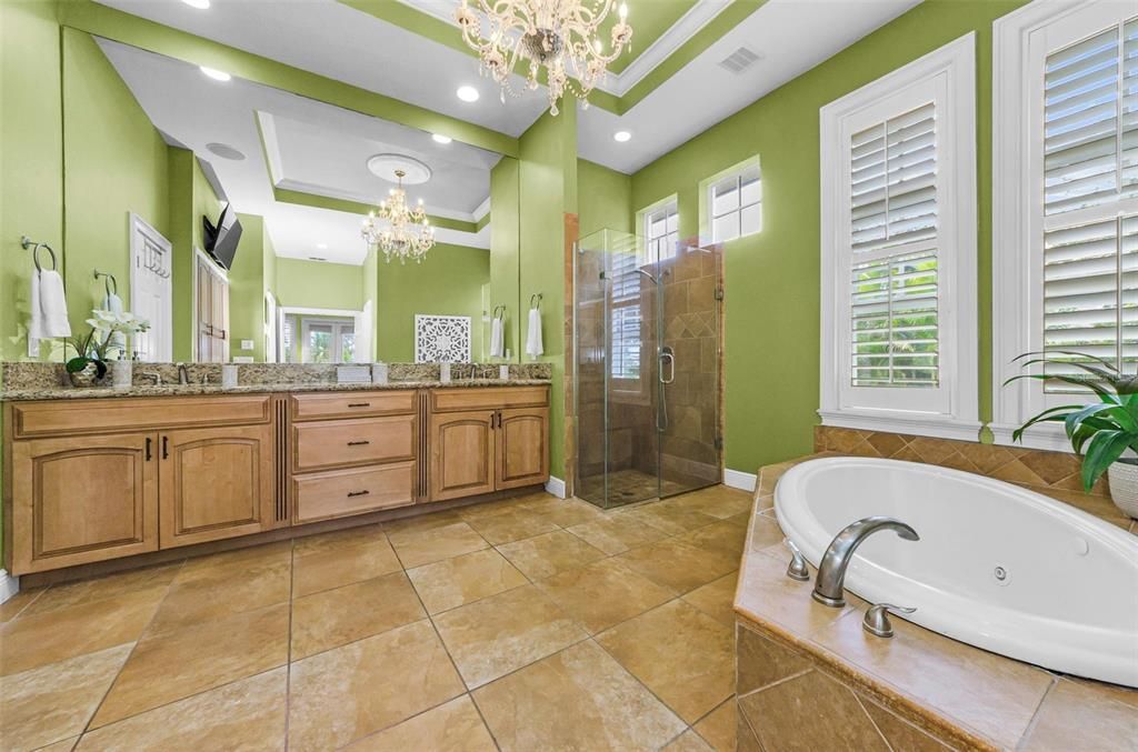 Bathroom, Chandelier, Glass Shower, Interior, Recessed Lighting