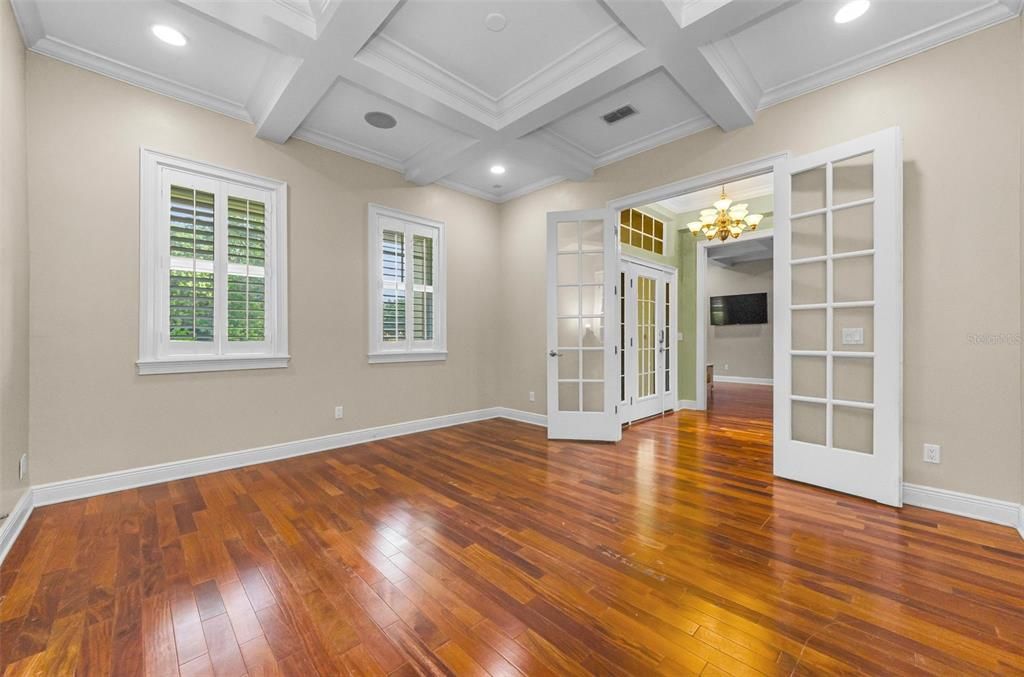Empty room, Fireplace, Interior, Recessed Lighting, Wood Texture Flooring