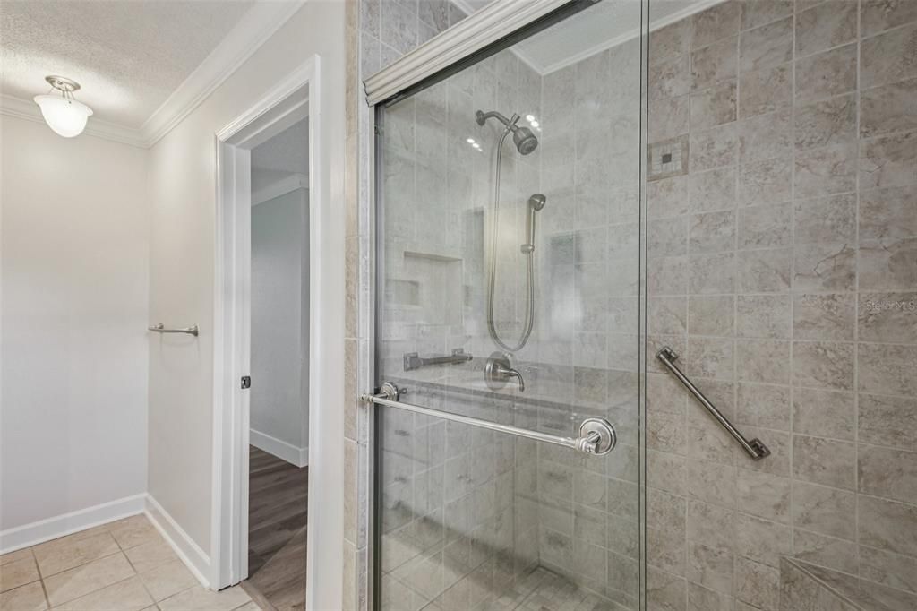 Bathroom, Glass Shower, Interior, Wood Texture Flooring