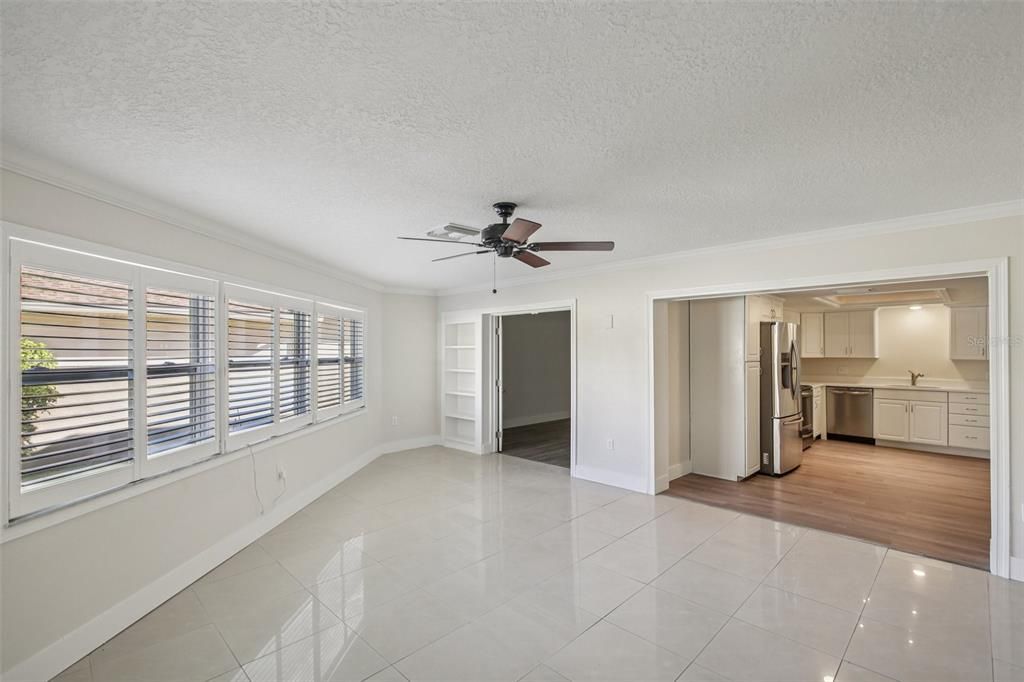 Empty room, Interior, Kitchen, Stainless Steel Appliances, Wood Texture Flooring