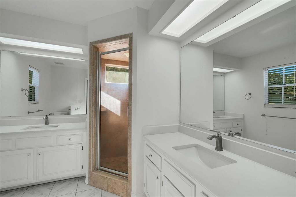 Bathroom, Dual Sink Vanities, Glass Shower, Interior, Marble