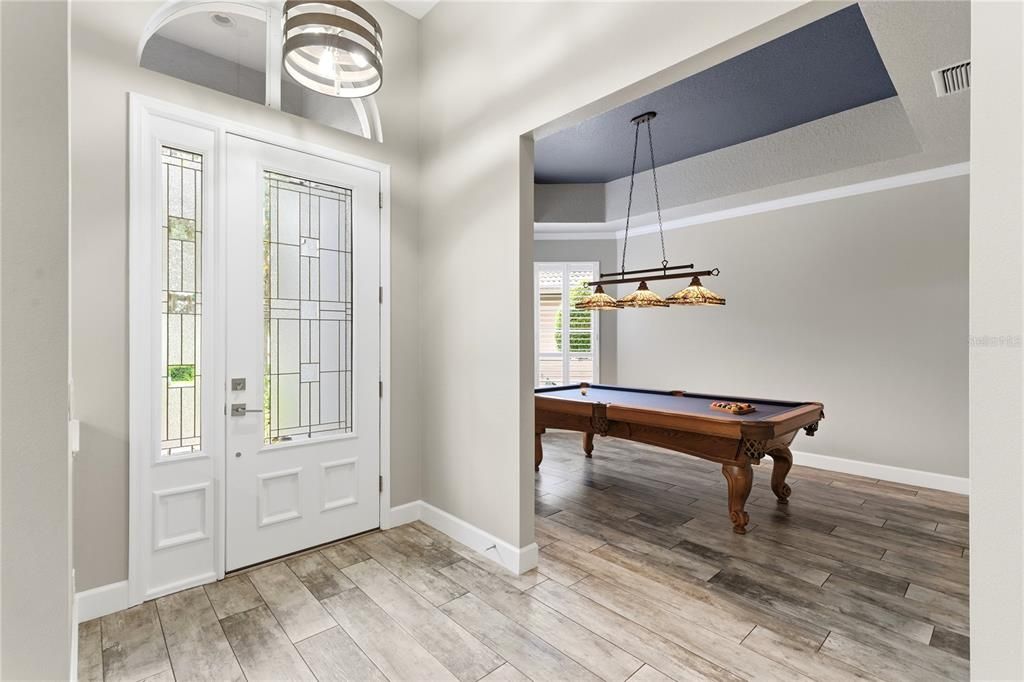 Billiard Table, Game Room, Interior, Pendant Lights, Wood Texture Flooring