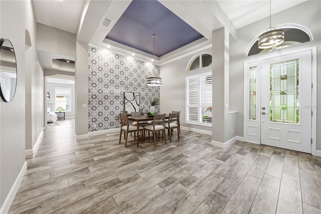 Dining room, Interior, Pendant Lights, Recessed Lighting, Wood Texture Flooring