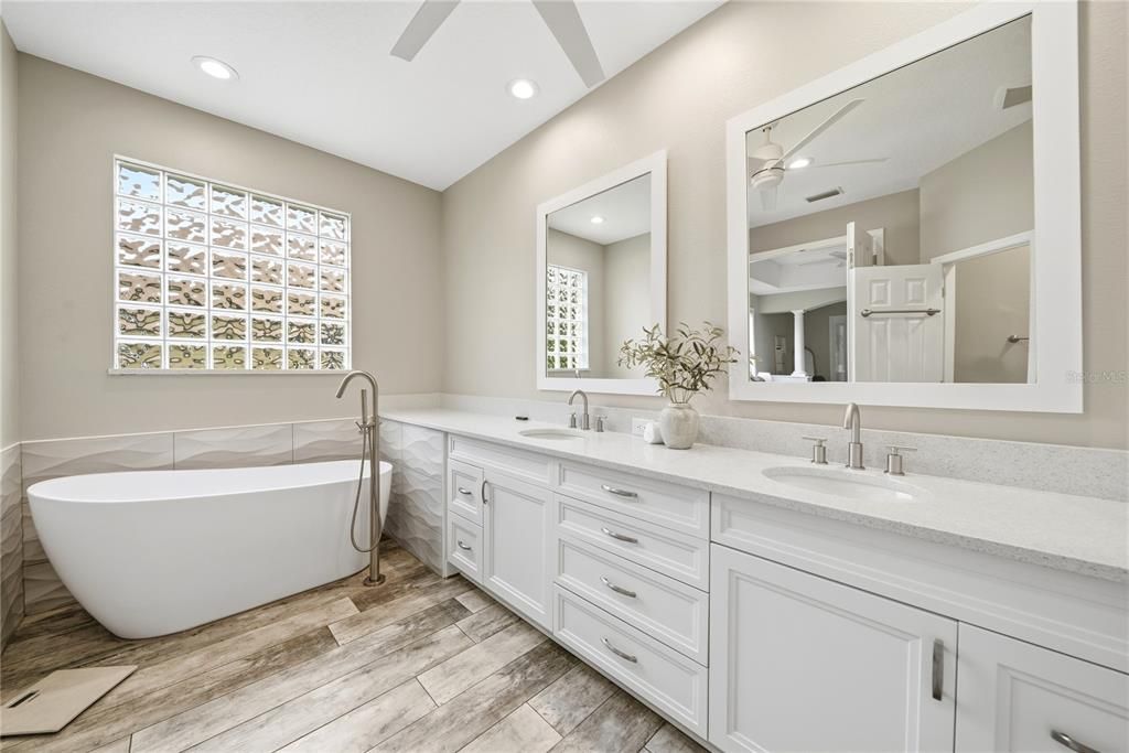 Bathroom, Dual Sink Vanities, Free Standing Baths, Interior, Recessed Lighting, Wood Texture Flooring